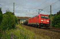 185 373-0 ist mit einen Kesselzug bei Götzenhof/Fulda am 10.06.15 unterwegs.