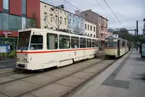 Am 26.04.2015 gab es in Rostock einen Fahrtag auf der Route Reutershagen - Ring - Neuer Friedhof mit Sammelanschluss am Doberaner Platz, wo sich T6A2 704 und G4 Nr. 1 gerade treffen.