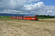 Regio Richtung Nyon bei L'Asse. Der Zug verkehrte 4-teilig; Bt 305 (alte Lackierung), BDe 4/4 211 (neue Lackierung), ABt 304 (neue Lackierung, ex. Bt) und Be 4/4 201 (alte Lackierung), 23.07.2015.