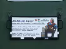 Sicher begehrt war,am 25.Juli 2015,das Zuglaufschild am Störtebekersonderzug.Aufgenommen in Bergen/Rügen.
