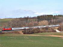 Um ca. 11 Uhr am 22.02.07 passierte der IC 2065 Karlsruhe HBF - N�rnberg HBF die Kurve vor dem Goldsh�fer Regionalbahnhof. Schublok war eine unbekannte 101er mit PEP(SI)-Werbung.