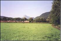 Eine 113 bringt einen Autoreisezug aus �sterreich richtung M�nchen. Hinter der Lok l�uft ein gr�ner Autotransportwagen mit. Aufgenommen im Sommer 2003 zwischen Kiefersfelden und Oberaudorf.