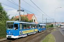 Am 07.07.2014 war T6A2 804 mit unbekanntem NB4 auf Linie 1 zur Hafenallee unterwegs und hat gerade den Betriebshof passiert.