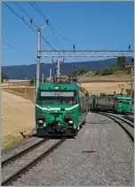 Die BAM Ge 4/4 22 wartet mit einem kurzen Güterzug in Apples die Kreuzung mit dem Hintergrund wegfahrenden Regionalzug 110 und die Distanz  unseres  Richtung Morges fahrenden Zuges 111 ab.
21. Juli 2015