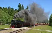 Mit einer tief hängenden Rauchwolke verlässt 99 7232 am 01.07.15 Drei-Annen-Hohne. Kurze Zeit später wurde dann auch der Fotograf geräuchert.