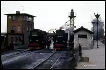 Historisch ist diese Aufnahme zu nennen; denn seit dem 22.6.1999 hat sich im BW Wernigrode einiges verändert. Stellwerk, Behandlungsanlagen für die Loks, die Lokhalle und vor allem die Besucherplattform haben heute ein völlig anderes Aussehen bekommen. Und wie sauber alles heute dort ist!
Am 22.6.1999  watete  man beim Behandeln der 997232 und der 997245 noch in Schmier und Schlamm.