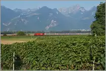 Eine SBB Re 460 zieht ihren IR 1709 kurz vor Aigle Richtung Brig.
12. August 2015