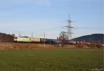 185 389  CO2 Frei  ist am 08.M�rz 2015 mit einem gemischten G�terzug bei Ha�lach(b. Kronach) in Richtung Saalfeld unterwegs.