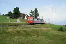 Bt116 mit einem unbekanntem BDeh 4/4 hat als S3168 gerade den Aufstieg aus dem im völligen Dunst liegenden Rheintal geschafft und verlässt den Haltepunkt Stoss. 