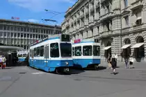 Zürich VBZ Tram 7 (SWP/SIG/ABB Be 4/8 2103 / SWS/SWP/ABB Be 2/4 2423) Paradeplatz am 13. Juli 2015
