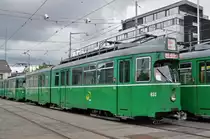 Die ersten Düwag werden auf dem Hof des Depots Dreispitz für den Abtransport nach Belgrad abgestellt. Die Be 4/6 645, 653, 647 und 637 stehen auf dem Hof. Die Aufnahme stammt vom 15.08.2015.