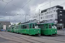 Die ersten Düwag werden auf dem Hof des Depots Dreispitz für den Abtransport nach Belgrad abgestellt. Die Be 4/6 645, 653, 647 und 637 stehen auf dem Hof. Die Aufnahme stammt vom 15.08.2015.