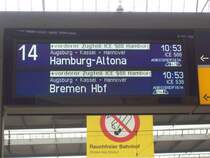 zu sehen ist der zugzielanzeiger am m�nchener hauptbahnhof der den ice 588 nach hamburg - altona vorder zugteil und den ice 538 hinterer zugteil nach bremen hauptbahnhof ank�ndigt .die z�ge werden wenn ich da nicht falsch liegen sollte in hannover hauptbahnhof geteilt .19.02.07