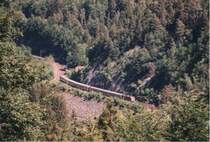 Baureihe 111 zieht hier den IRE bei Streckenkilometer 46,0 hinauf
an die ersten drei kleinen Glastr�gertunnels der Niederwasser-Kehre. Diese Aufnahme entstand im Sommer 2006. 