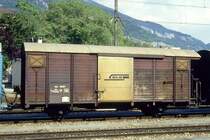 RhB - Gb 5051 am 13.05.1994 in Chur - Gedeckter G�terwagen 2-achsig mit 1 offenen Plattform - Baujahr 1963 - JMR - Gewicht 7,49t - Ladegewicht 15,00t - L�P 9,14m - zul�ssige Geschwindigkeit Aufkleber 70 km/h - �2=28.10.1991 - Lebenslauf: ex K� 5051 - 1969 Gb 5051 - 07/1998 Lbv 7860 -  Hinweis: ge�nderte zul�ssige H�chstgeschwindigkeit, gescanntes Dia
