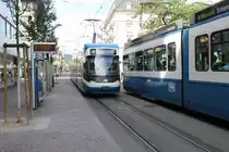 Zürich VBZ Tram 3 (Bombardier/Alstom Be 5/6 3002) Stauffacher am 13. Juli 2015.