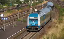 Noch ein ALEX - 223 064 hatte vor wenigen Minuten den ALEX Hof - München nach Kirchenlaibach gebracht, nun folgte der Gegenzug mit 223 070. Für die nächsten 25 Minuten gab es dann das ALEX Umsetzspektakel, denn beide Züge mußten in Kirchenlaibach Kopf machen. 21.08.2015 