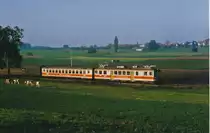 TPF/GFM: Der typische Regionalzug Ins-Fribourg der 90-Jahre bestehend aus dem ABDe 4/4 164 (1947), einem B4 sowie dem GFM-Postwagen DZ 331, wurde im September 1995 in der damals noch ländlichen Gegend von Cressier zusammen mit Freiburger-Kühen vor der Kulisse der Einwohnergemeinde Salvenach verewigt.
Foto: Walter Ruetsch