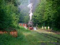 Mit dem ersten Zug des Tages steht die 99 72 im Bahnhof Steinerne Renne