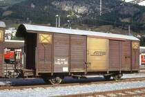 RhB - Gb 5055 am 23.08.1995 in Samedan - Gedeckter G�terwagen 2-achsig mit 1 offenen Plattform - Baujahr 1963 - JMR - Gewicht 7,44t - Ladegewicht 15,00t - L�P 9,14m - zul�ssige Geschwindigkeit Aufkleber 70 km/h - �2=27.05.1991 - Lebenslauf: ex K� 5055 - 1969 Gb 5055 - 08/1998a - ? Abbruch -  Hinweis: ge�nderte zul�ssige H�chstgeschwindigkeit, gescanntes Dia
