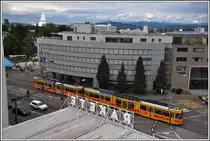 Be 4/8 + Be 4/6 der Linie 10 am Dreispitz und Roche-Tower im Hintergrund. (05.09.2015)