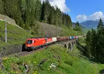 1116 114 + 1144 xxx mit einem Güterzug am 04.05.2013 bei Bad Hofgastein. 