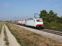Die 185 636 mit einem KLV-Zug am 19.09.2015 unterwegs bei Langenisarhofen.
