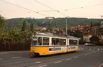Im Mai 1978 verkehrte noch die Linie 9 nach Botnang, hier fährt der GT4 749 in Richtung Botnanger Sattel