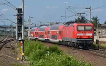 114 004 bespannte am 01.08.15 RE-Züge zwischen Magdeburg und Leipzig. Hier verlässt sie mit einem RE nach Magdeburg Bitterfeld.