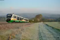 Trotz bereit aufgegangener Sonne war der Frost der Nacht noch spürbar als VT 10 und ein weiterer Desiro der Vogtlandbahn als VBG 74274 von Marktredwitz nach Regensburg Oberteich passierten, 19.04.2014