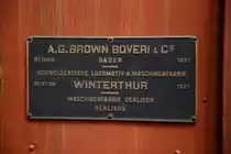 Herstellerschild vo Ge 6/6 I No.406, aufgenommen am 05.09.2015, während der XXI. Dampfloktage in der Lokhalle des DLW Meiningen.