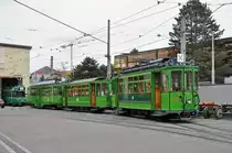 Oldtimer Parade auf dem Hof der Hauptwerkstatt: Vorne der Be 2/2 163, dahinter der B2 331 und am Schluss die Alte Dame Dante Schuggi, die hoffentlich bald wieder im Einsatz stehen wird. Die Aufnahme stammt vom 22.10.2015.