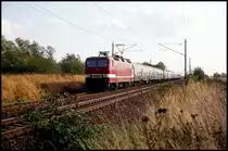 Im Gegenlicht kam mir am 4.10.1991 um 13.33 Uhr der D 512 mit 243874 nach Stralsund bei Teschenhagen entgegen.