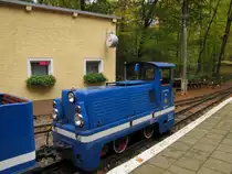 Die 399 312-8 der Parkeisenbahn Gera mit einem Zug zum Bahnhof Martinsgrund, am 22.10.2015 im Bahnhof Wolfsgehege.