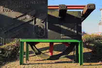 Auf der Bahnlinie von Erkrath nach Hochdahl muss auf 2,5 km Länge ein Höhenunterschied von 82 m überwunden werden. Als die Düsseldorf-Elberfelder Eisenbahngesellschaft die Steilrampe 1841 in Betrieb nahm, wurden die Züge zunächst von einer stationären Dampfmaschine in Hochdahl an einem Seil bergwärts gezogen. Schon wenig später löste ein System, bei dem die talwärts fahrenden Züge die bergwärts fahrenden mithilfe eines Seils, das über am Ende der Steilrampe installierte Umlenkrollen lief, hinauf nach Hochdahl zogen, die Dampfmaschine ab. An diesen Betrieb erinnert ein Denkmal mit der Umlenkrolle in Hochdahl, das Verfahren ist auf dem vergrößerten Bildausschnitt der Gedenktafel (links oben) zu erkennen (Aufnahme vom 01.11.2015). Erst 1927 wurde dieser umständliche Betrieb durch Vorspann- und Schubloks abgelöst. 