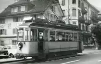 Die Strassenbahn Schwyz - Brunnen an der Endstation Brunnen: Wagen 1 am 6.August 1963. 