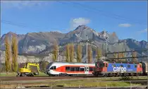 Zugkreuzung in Sargans mit Gleisbagger. Ein Ringzug der SOB mit 526 052-6 Schnabelsberg begegnet Re 620 012-5 mit einem Güterzug Richtung Zürich. Freundlicherweise dekoriert der Gleisbagger die linke Bildseite ganz passend. November 2015.

Eigentlich hatte ich einen rangierenden Güterzug im Blick, daher bitte ich die leichte Bewegungsunschärfe zu entschuldigen... 