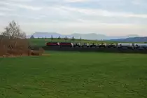 SBB: Blockgüterzüge mit Re 4/4-Doppeltraktionen im Luzerner-Hinterland bei herrlicher Herbstsonne und beim Einbruch der Dämmerung fotografiert am 10. November 2015. Cementzug mit zwei Re 4/4 beim Passieren des Wauwilersees. 
Foto: Walter Ruetsch