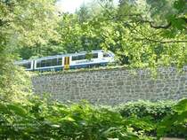 Triebzug am 11.07.2003 im Neisetal zwischen Hirschfelde und Krzewina Zgorzelecka / Polen, der Zug f�hrt auf einer St�tzmauer am polnischen Ufer, die Aufnahme wurde �ber die Neise von der deutschen Seite gemacht.