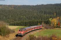 218 326-7 mit dem IRE 3220 (Ulm Hbf-Neustadt(Schwarzw) bei Unadingen 24.10.15