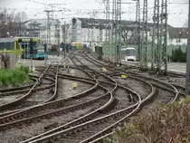 Weichenanlage am VGF Betriebshof Heddernheim am 21.11.15 in Frankfurt am Main von einen Bahnsteig aus fotografiert
