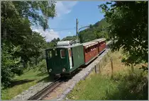 Abgebügelt fährt eine HGe 2/2 mit ihrem SPB Zug 654 talwärts und wird in wenigen Minuten sein Ziel Wilderswil erreichen.
12. Juli 2015