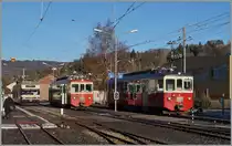 Ein CEV GTW 2/6 sowie die CEV BDeh 2/4 73 und 75 warten in Blonay auf ihre nächsten Einsätze. 
10. Dez. 2015