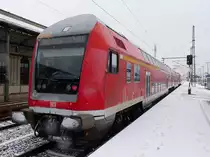 Dosto-Steuerwagen dichtem Schneefall im Bahnhof Nordhausen 28.11.2015