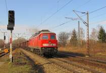 DB 232 093-5 mit einem Güterzug Richtung Leipzig-Schönefeld, am 20.02.2014 in Leipzig-Thekla.