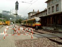 Stadtbahnwagen der AVG im vorlufigen Endpunkt Bad Wildbad Bahnhof, bald soll bis ins Stadtzentrum gefahren werden.Seit dem 4.Oktober fhrt die Stadtbahn bis in den Kurpark.