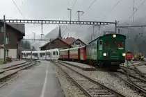 TPF: Am 9. Januar 2016 warteten der TRAIN FONDUE mit dem Be 4/4 116 und die S 60 Montbovon–Broc Fabrique mit zwei Be 2/4 in Montbovon auf dem selben Geleise auf ihren nächsten Einsatz.
Foto: Walter Ruetsch