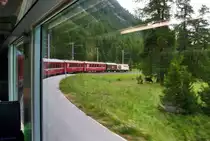 Blick aus dem R 1613 (St. Moritz - Tirano) am 24.7.2014. Am Zugschluss hingen noch zwei Güterwagen diese bis Poschiavo mitfuhren.