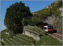 Der Steuerwagen einer S31 schlüpft aus dem nur 20 Meter langen Salanfe Tunnel zwischen Chexbres und Vevey (Linie des Train des Vignes/Rebergzuges).
4. Okt. 2015