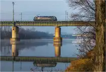 Lomo Traxx  Schwarzes Zebra  als Lz auf der Brücke über die Neue Donau bei Wien-Stadlau, 28.12.2015